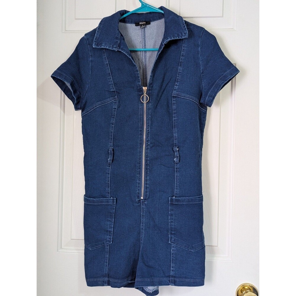 Blashe Denim Romper Womens Large Blue Zip Front Short Sleeve Pockets Y2K Retro